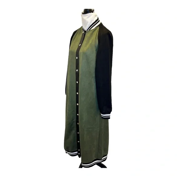 SoNo Chic Varsity Faux Suede Green Maxi Front Snap Jacket - Picture 5 of 14